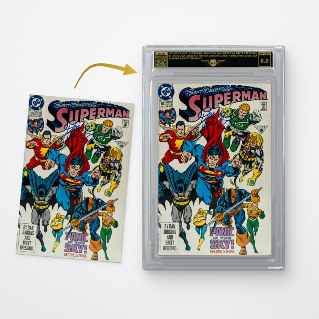 Grading di fumetti e box topper: fumetto prima del grading e nello slab AP per fumetti con etichetta e voto