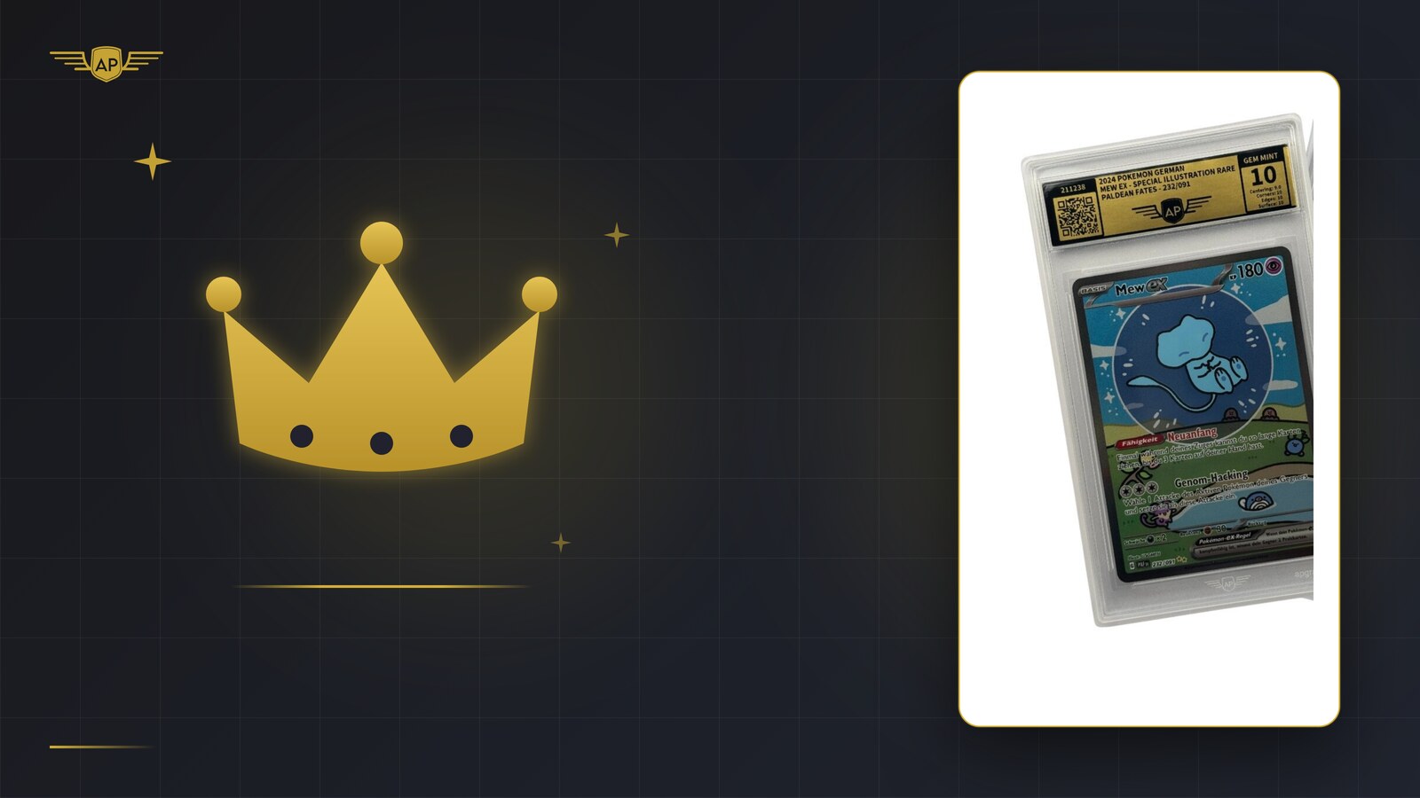 Goldene Krone neben Pokémon-Karte Mew ex im AP-Slab GEM MINT 10