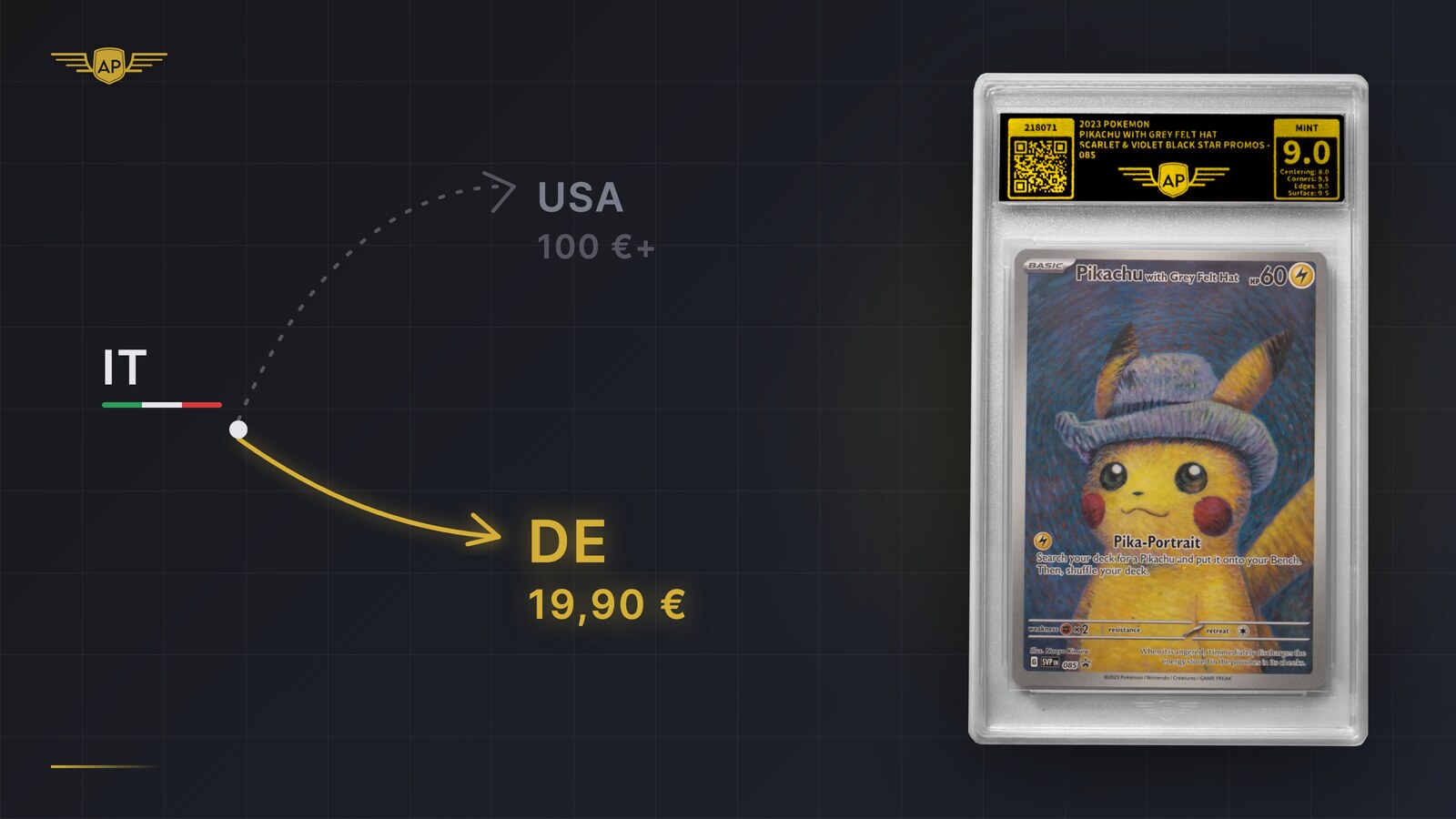 Gradazione carte Pokémon dall'Italia: via USA oltre 100 € o in Germania a 19,90 € – Pikachu nello slab AP Grading MINT 9